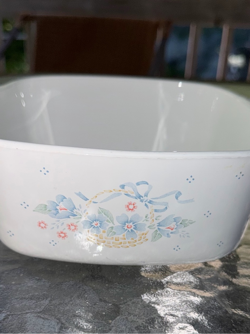 Corningware White Baking Dish with Blue Floral Basket